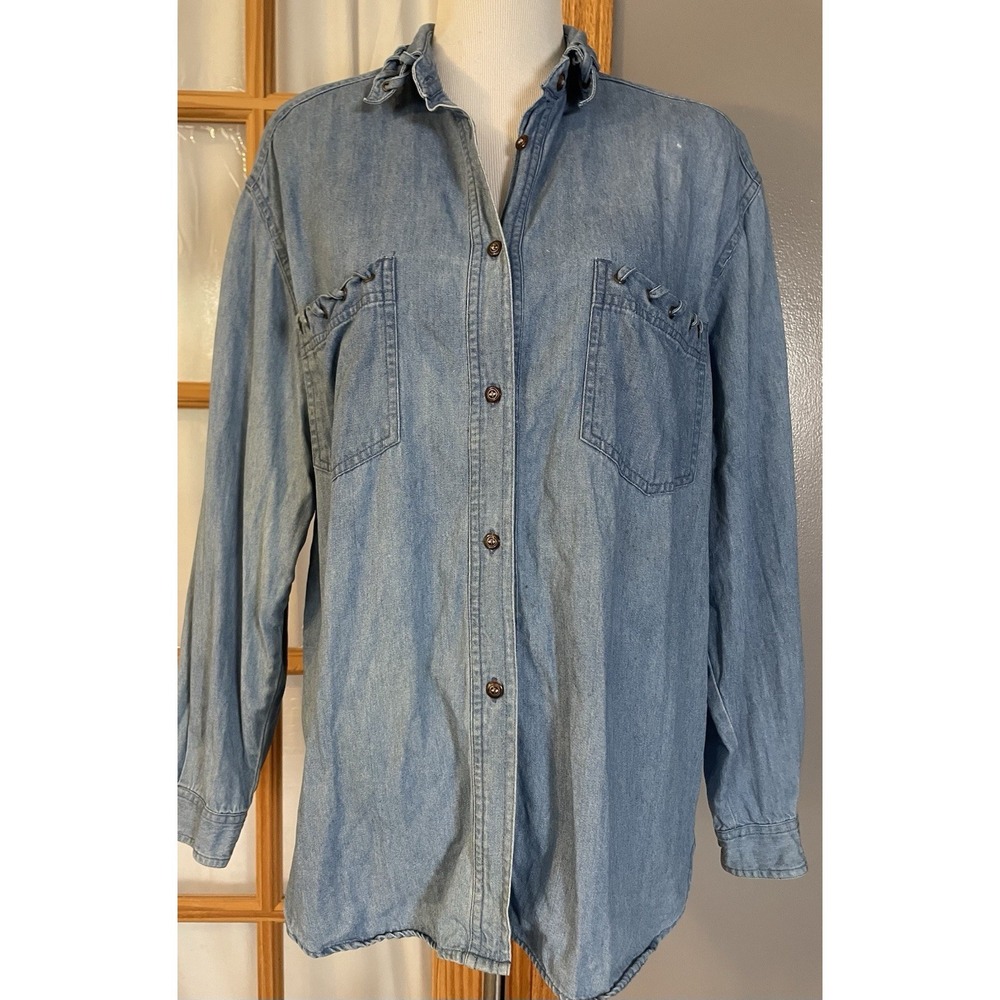 80s SK Wear Button Up Jean Shirt Women's Sz L Blue Whipstitched Classic Weatern